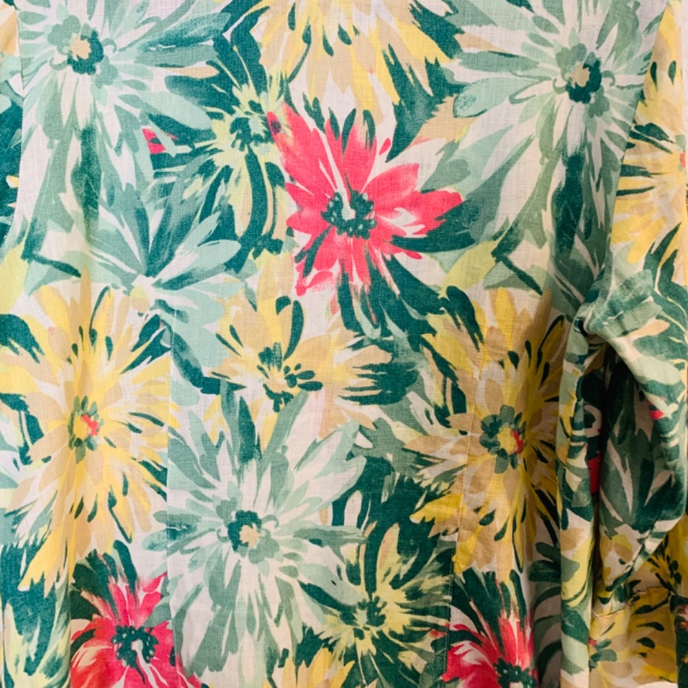 JM Collection Button Up Linen Shirt Size 14 Floral Bell Sleeve Tropical Vacation - Picture 11 of 13